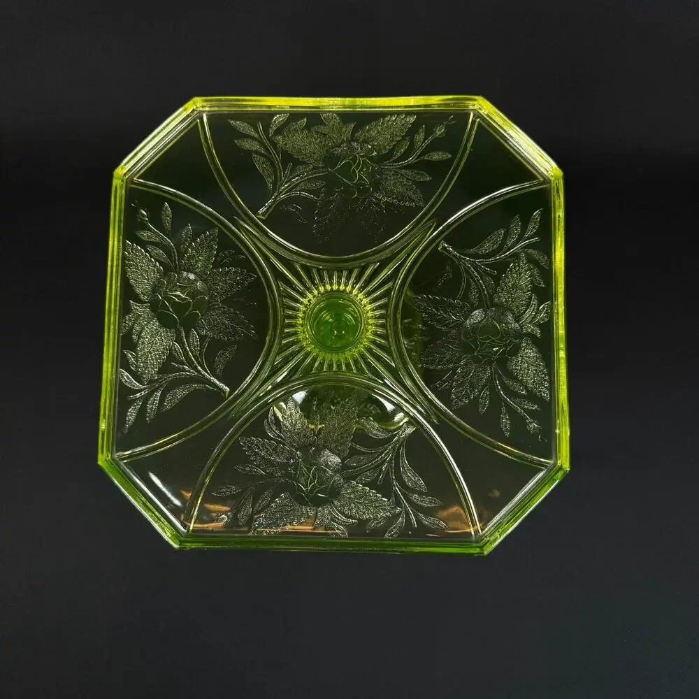 Vintage large vaseline Uranium Glass green Cake Stand flowers Pattern h6